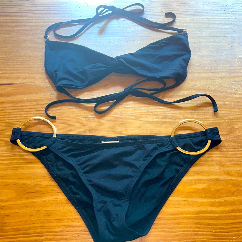 L Space Black Bikini Twist Top And Gold Loop Bottom Gem